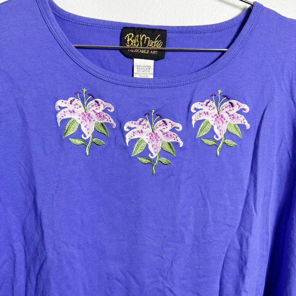 Bob Mackie Purple Cotton Embroidered Top Short Sleeve sz L - Picture 2 of 6